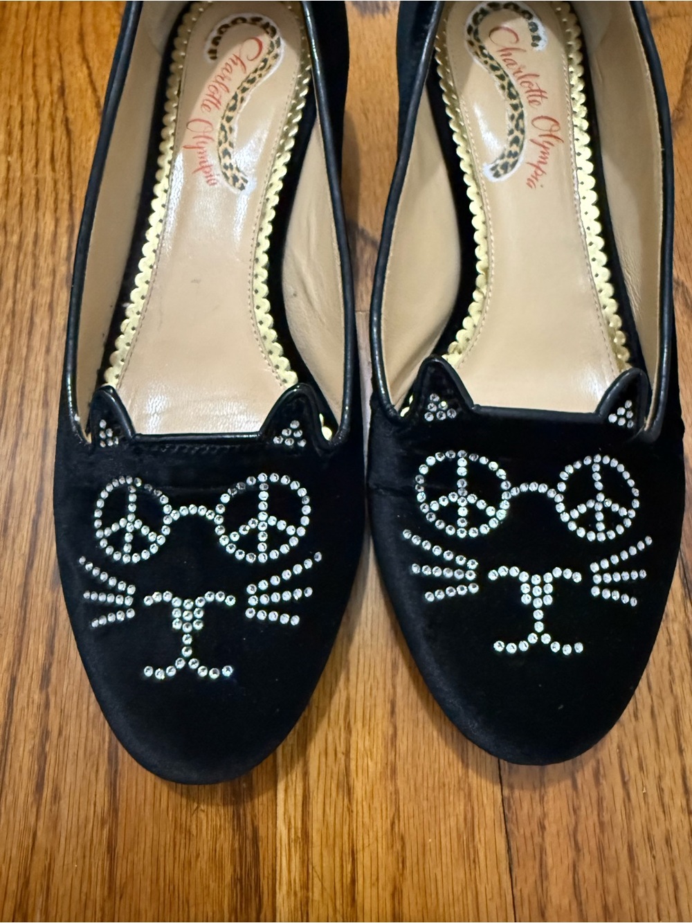Charlotte Olympia Black Crystal Cat Face Loafers